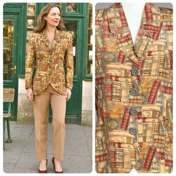 90s O’Trio Paris Library Bookshelf Print Blazer Dark Academia Parisian Size M - Picture 1 of 13